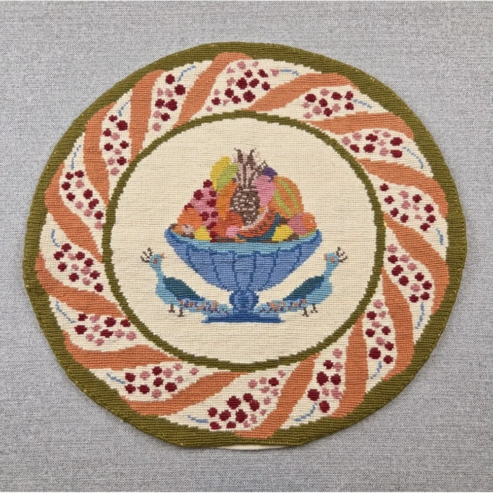 Vintage Handmade Greek Embroidered Peacock / Fruit Round Pillow Cover 19